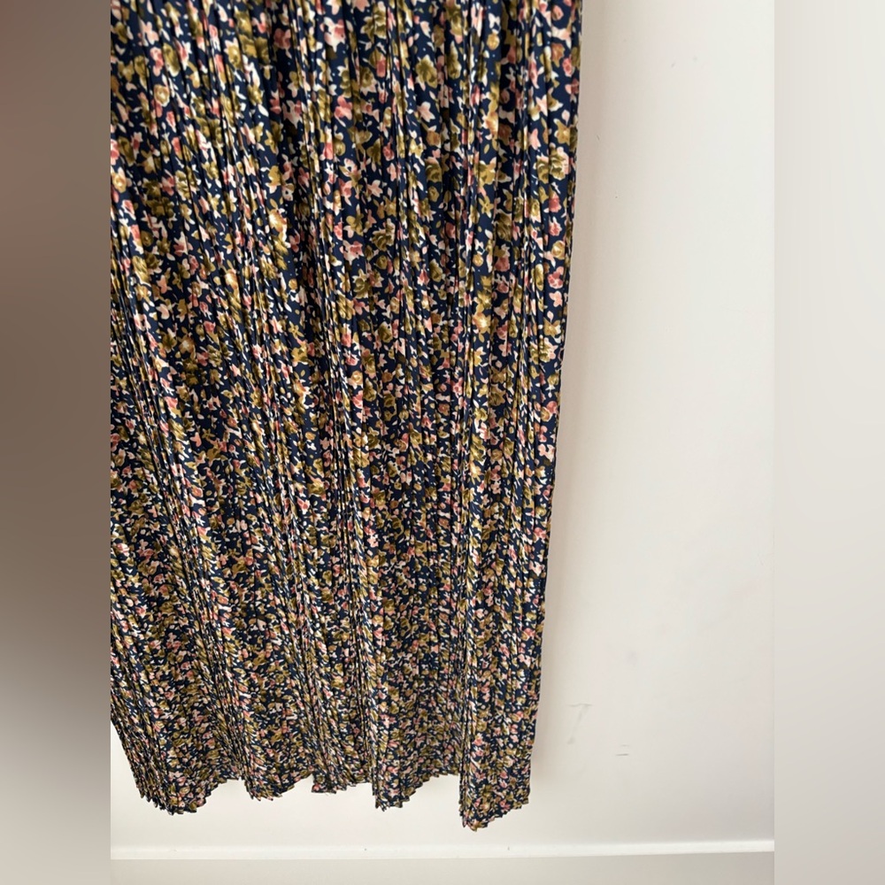 Vintage Floral Button Front Midi Dress Navy Pink Pleated Skirt Size 9/10 - Picture 8 of 10